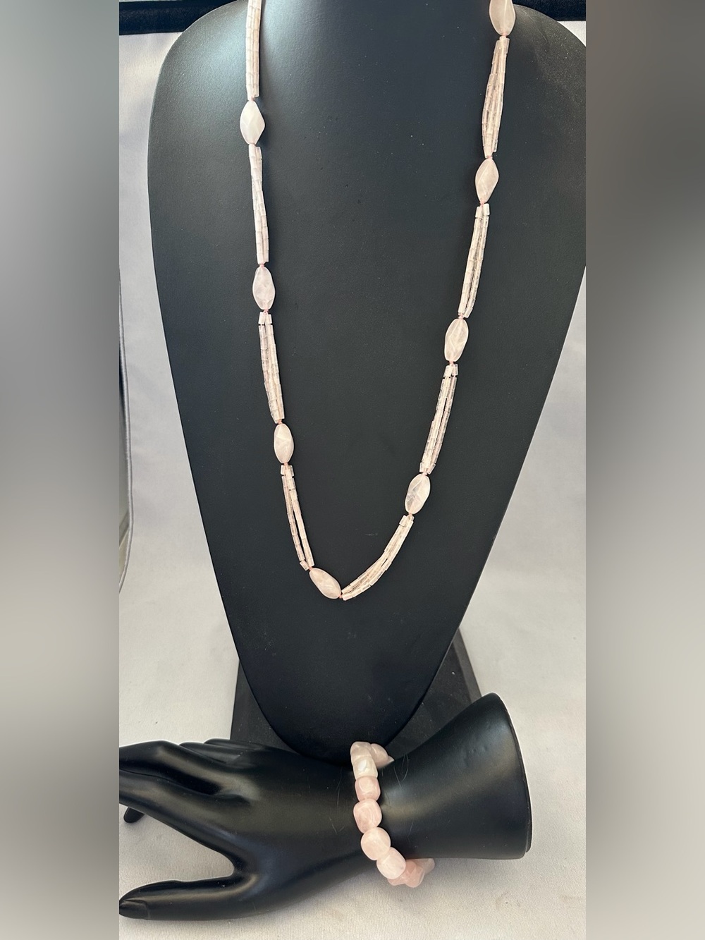 Delicate Rose Quartz Beaded Necklace and Stretch Bracelet